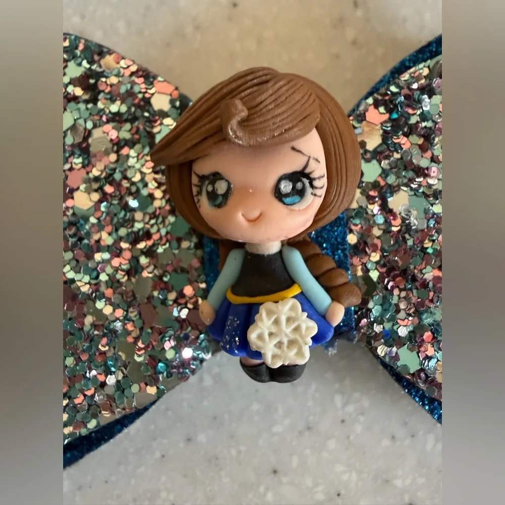 Disney Frozen Anna Inspired Blue Snowflake & Glitter Bow Hair Clip Set. Sparkly!